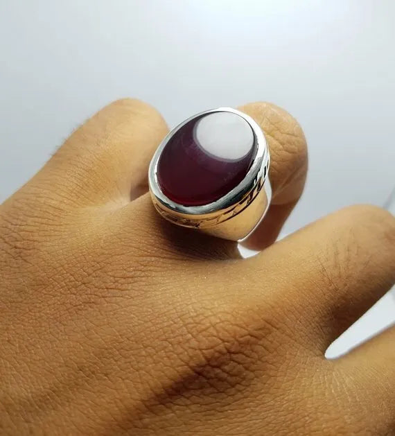 Handcrafted Yemeni Aqeeq Ring - Sterling Silver Agate Bague for Men - Heavenly Gems