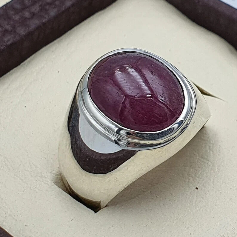 Natural Ruby Ring For Men Cabochon Ruby 925 Sterling Silver Handmade Ring Deep - Heavenly Gems