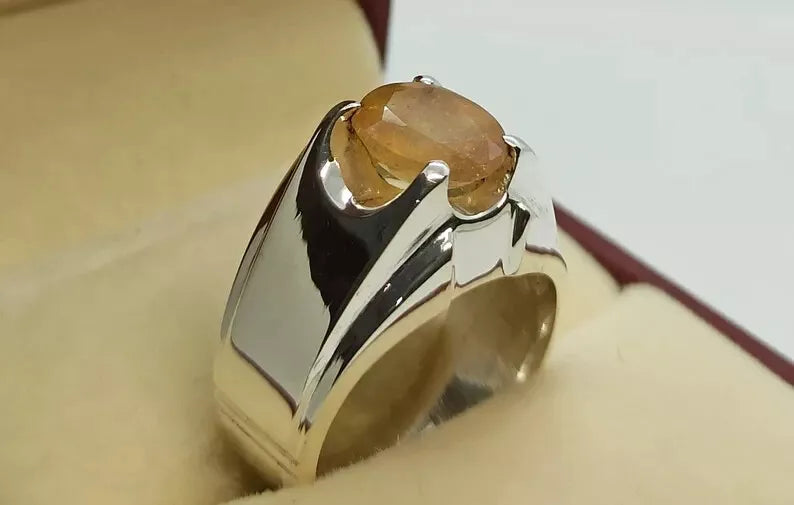 Natural Yellow Sapphire Men's Ring - Sterling Silver 925 Handmade Pukhraj Ring - Heavenly Gems