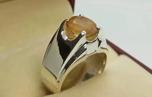 Natural Yellow Sapphire Men's Ring - Sterling Silver 925 Handmade Pukhraj Ring - Heavenly Gems