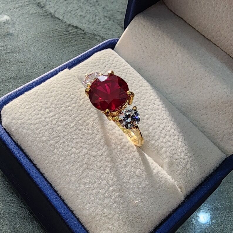 18k Gold lab made ruby ring Engagement ring in Gold with ruby stone in red color - Heavenly Gems