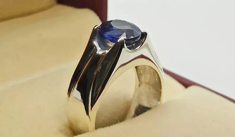 Natural Royal Deep Blue 2.5 Carat Sapphire Men's Ring - 925 Sterling Silver Handmade - Heavenly Gems