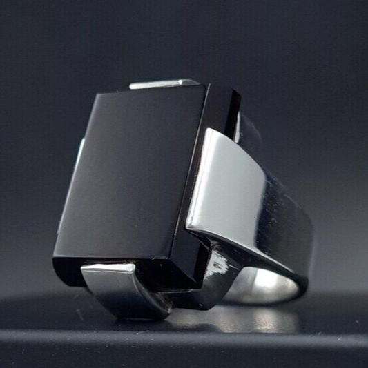 Mens Black Aqeeq Ring natural Agate Ring for Men Shifat Al Abad Yemeni Aqeeq Rectangular Cut Ring mens - Heavenly Gems