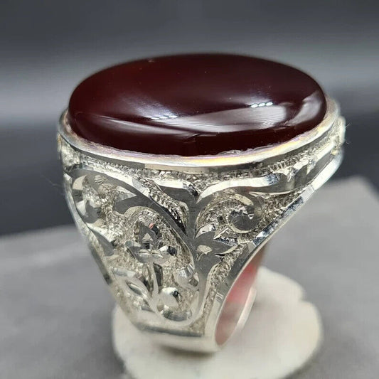 Yemeni Aqeeq Ring Shefat Al Abad Blood Red Yamni Aqeeq Yemeni Stone for Big hand - Heavenly Gems