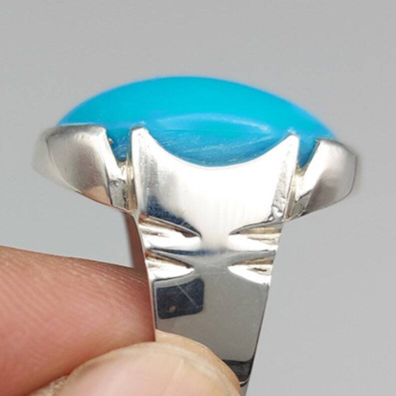 Mens Feroza Ring Natural Blue Turquoise Ring Sterling Silver 925 Handmade Firoza - Heavenly Gems