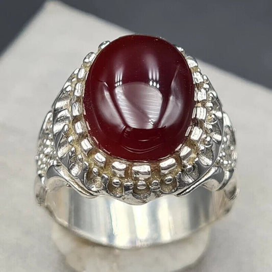Mens rare blood yemeni aqeeq ring real genuine Yamni agate stone man Haqeeq ring Premium 925 Sterling Silver - Heavenly Gems