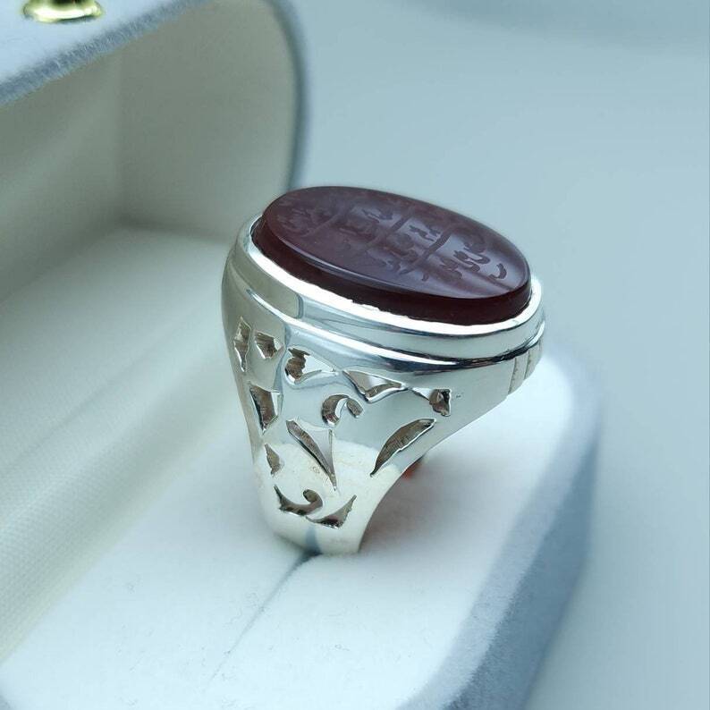Naad-e-Ali Written Yemeni aqeeq ring | Mens Agate ring | Real yamani aqeeq rings|925 Sterling Silver Ring - Heavenly Gems