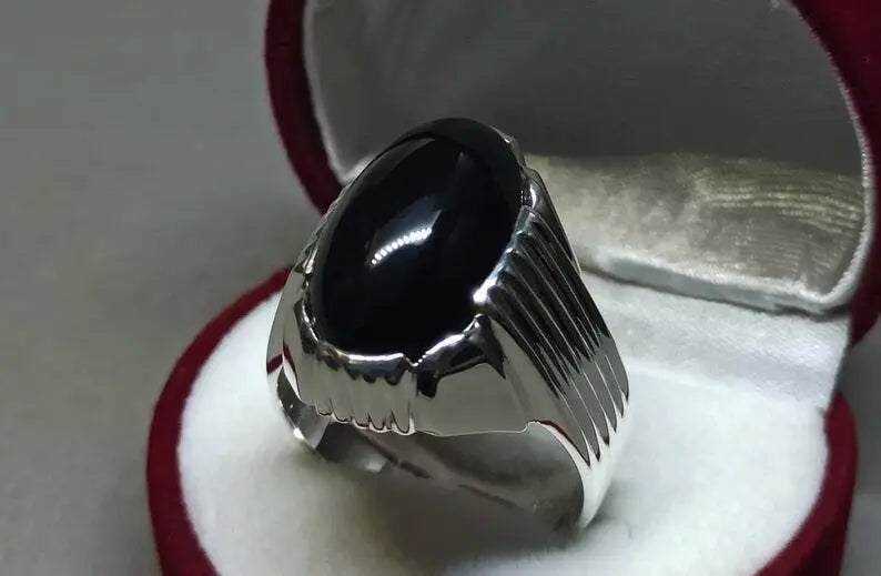 Men's Natural Unheated Untreated Black Onyx Ring - Sterling Silver 925 Agate Gemstone - Heavenly Gems