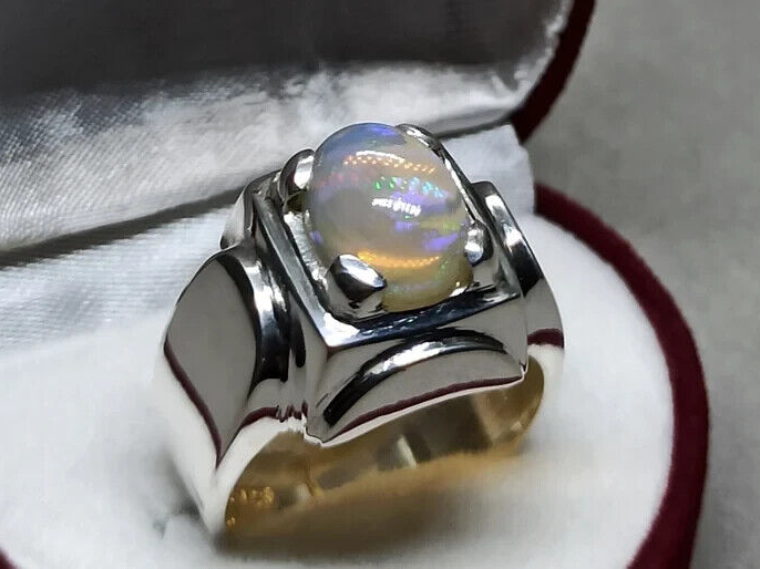 3 Carat Natural Ethiopian Fire Opal Ring 925 Sterling Silver Handmade Mens Ring - Heavenly Gems