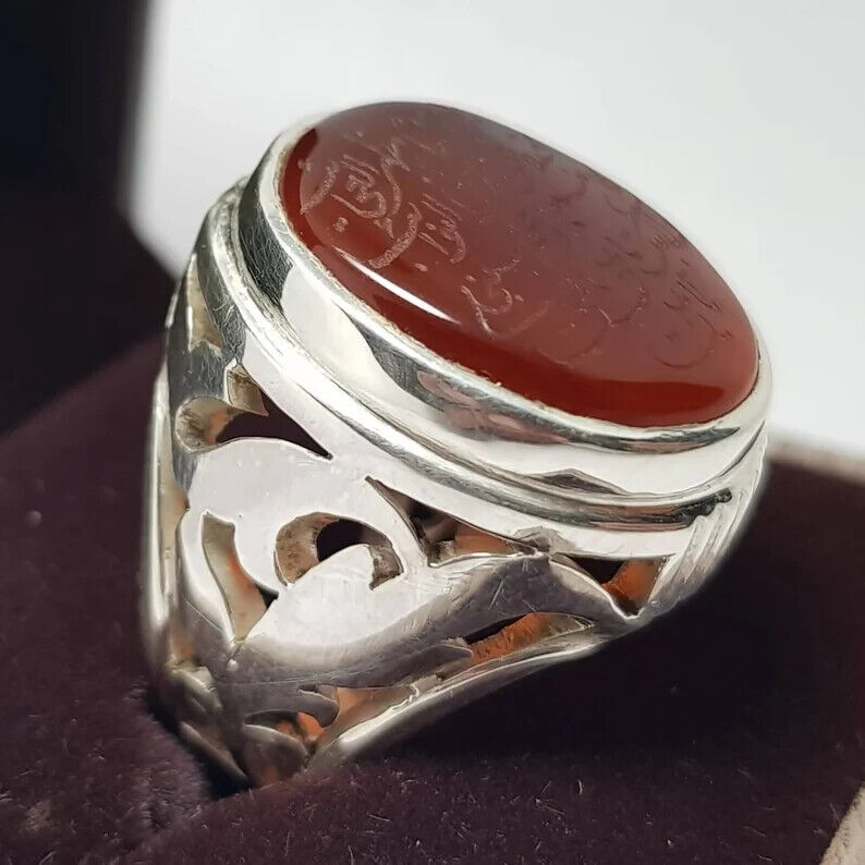 Naad-e-Ali Written Yemeni aqeeq ring | Mens Agate ring | Real yamani aqeeq rings 925 Sterling Silver - Heavenly Gems