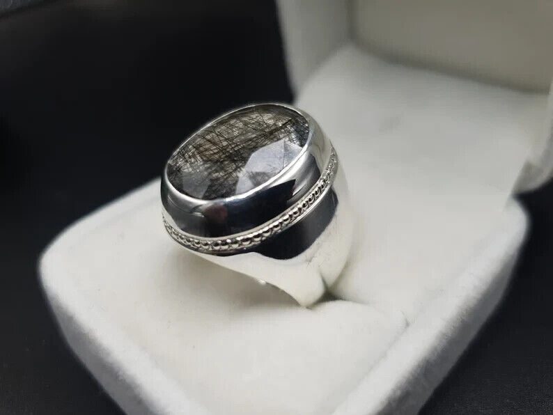 Natural Muh e Najaf Mens Sterling Silver 925 Handmade Ring Rutilated Quartz Ring - Heavenly Gems