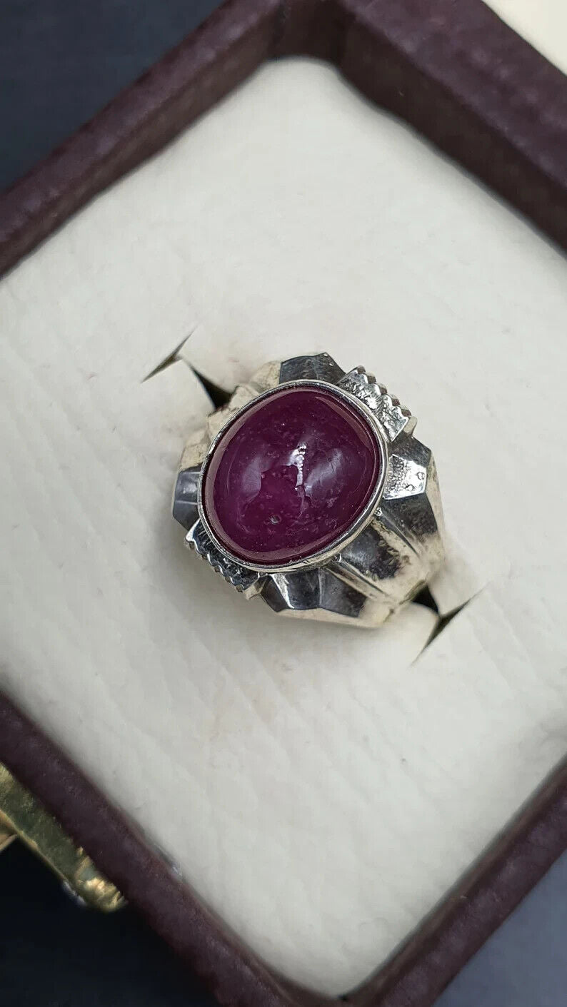 Natural Ruby Ring For Men Big Cabochon Ruby 925 Sterling Silver Handmade Ring - Heavenly Gems