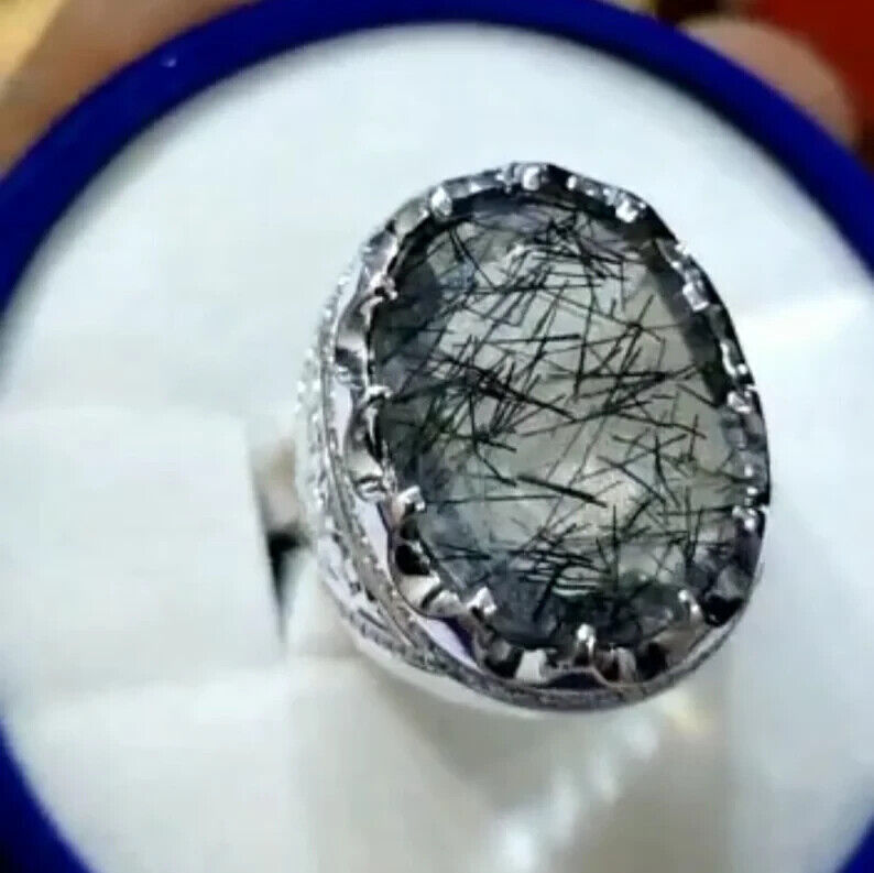 Natural Muh e Najaf Sterling Silver 925 Handmade Mens Ring Rutilated Quartz Ring - Heavenly Gems