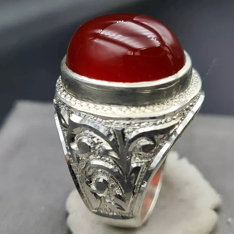 Men's Natural Red Yemeni Agate Stone Ring - Hand-Engraved Artisan Design - Heavenly Gems