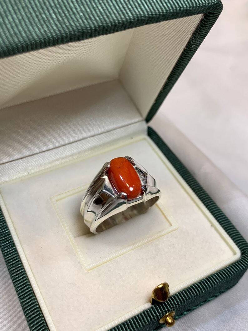 Natural Mens Red Coral Ring Sterling Silver 925 Handmade Ring High Quality Coral - Heavenly Gems
