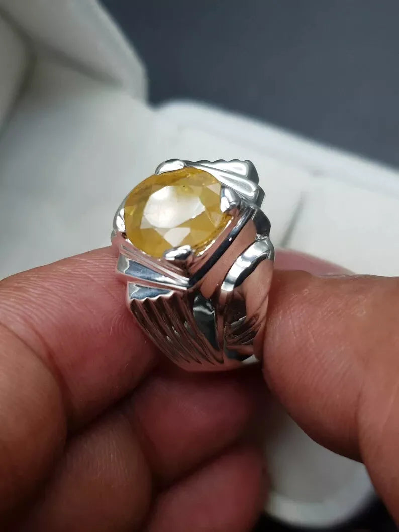 Mens Yellow Sapphire Ring - Pukhraj Ring For Men - Natural Yellow Sapphire Handmade - Heavenly Gems