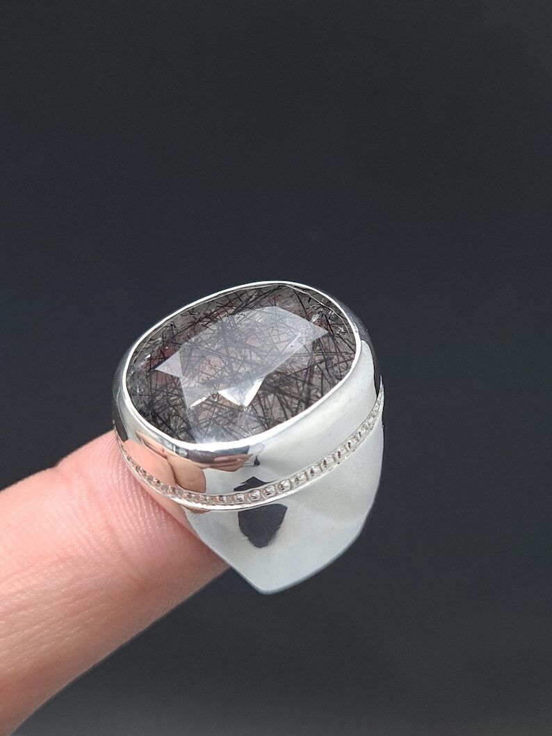Natural Muh e Najaf Mens Sterling Silver 925 Handmade Ring Rutilated Quartz Ring - Heavenly Gems