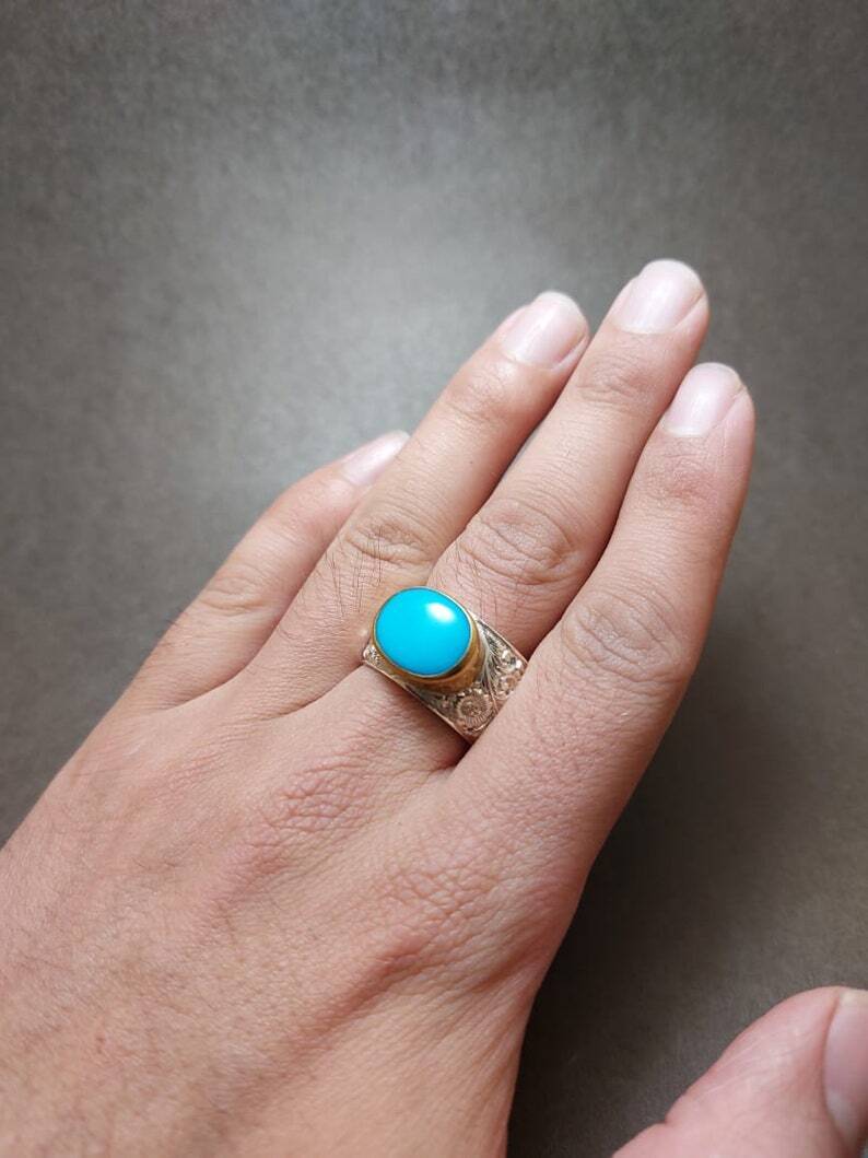 Natural Nishapur Turquoise Feroza Ring Sterling Silver 925 Handcrafted Rare ring - Heavenly Gems