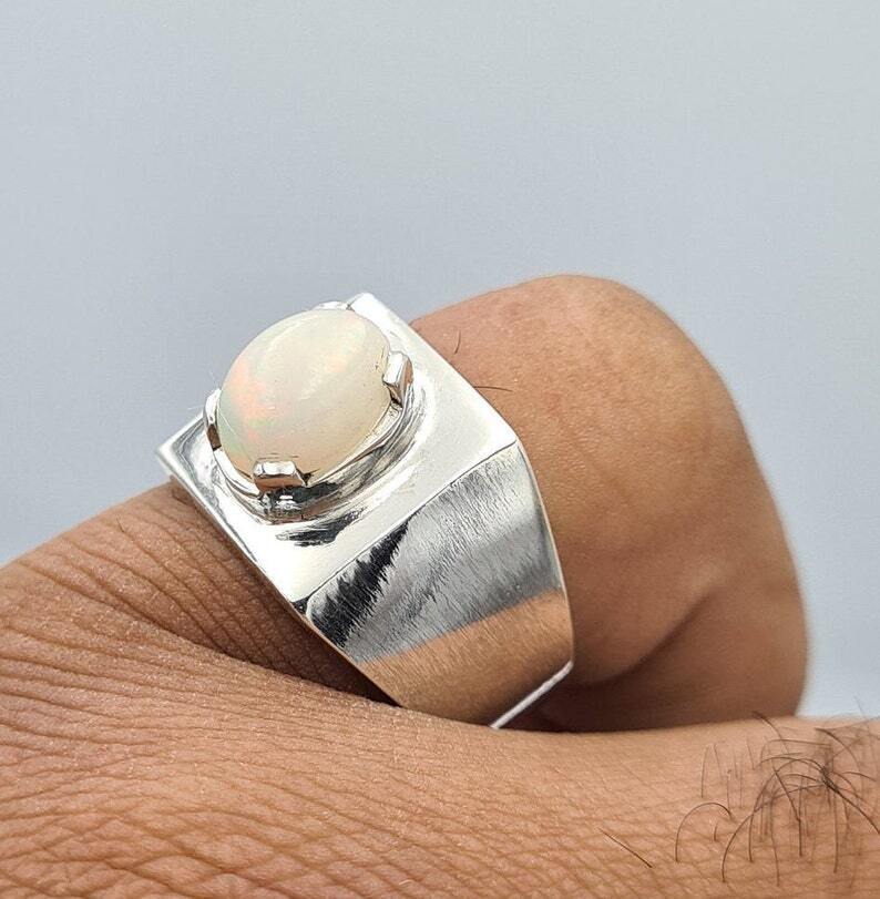 Beautiful Opal Ring White natural Opal Stone Jewelry Valentine Day Gift For Him - Heavenly Gems
