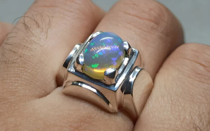 3 Carat Natural Ethiopian Fire Opal Ring 925 Sterling Silver Handmade Mens Ring - Heavenly Gems