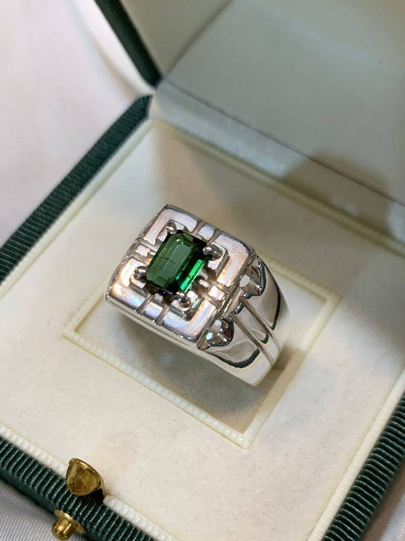 Natural Mens Green Tourmaline Ring Sterling Silver 925 Handmade Ring Elegant - Heavenly Gems