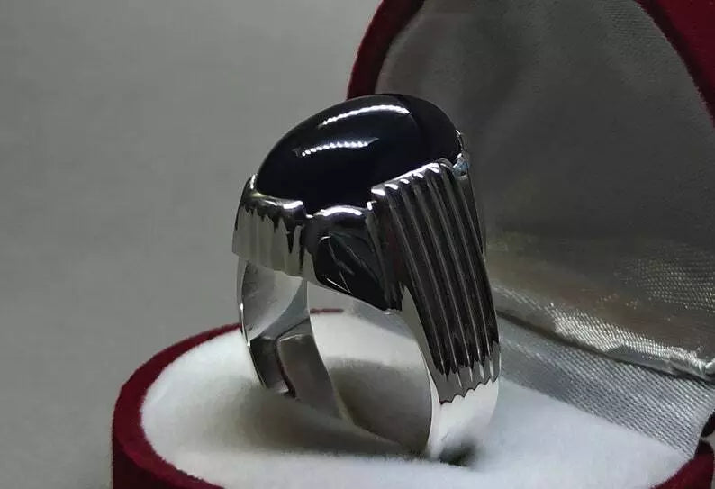 Men's Natural Unheated Untreated Black Onyx Ring - Sterling Silver 925 Agate Gemstone - Heavenly Gems