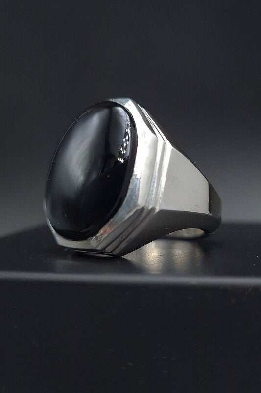 Mens Black Oval Cut Aqeeq Ring natural Agate Ring for Men Shifat Al Abad Yemeni Aqeeq 925 Sterling Silver Ring gift - Heavenly Gems