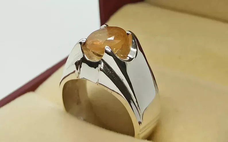 Natural Yellow Sapphire Men's Ring - Sterling Silver 925 Handmade Pukhraj Ring - Heavenly Gems