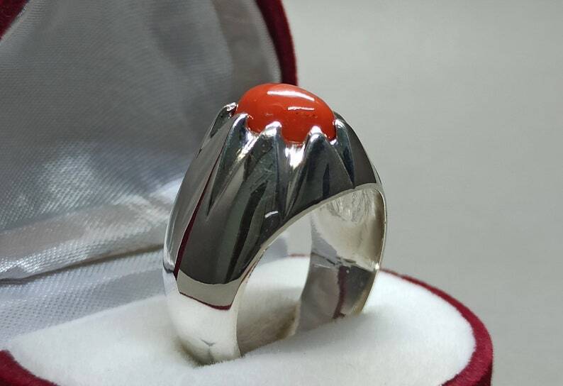 Natural Deep Red Australian Coral Mens Ring Sterling Silver 925 Dark Red marjan - Heavenly Gems