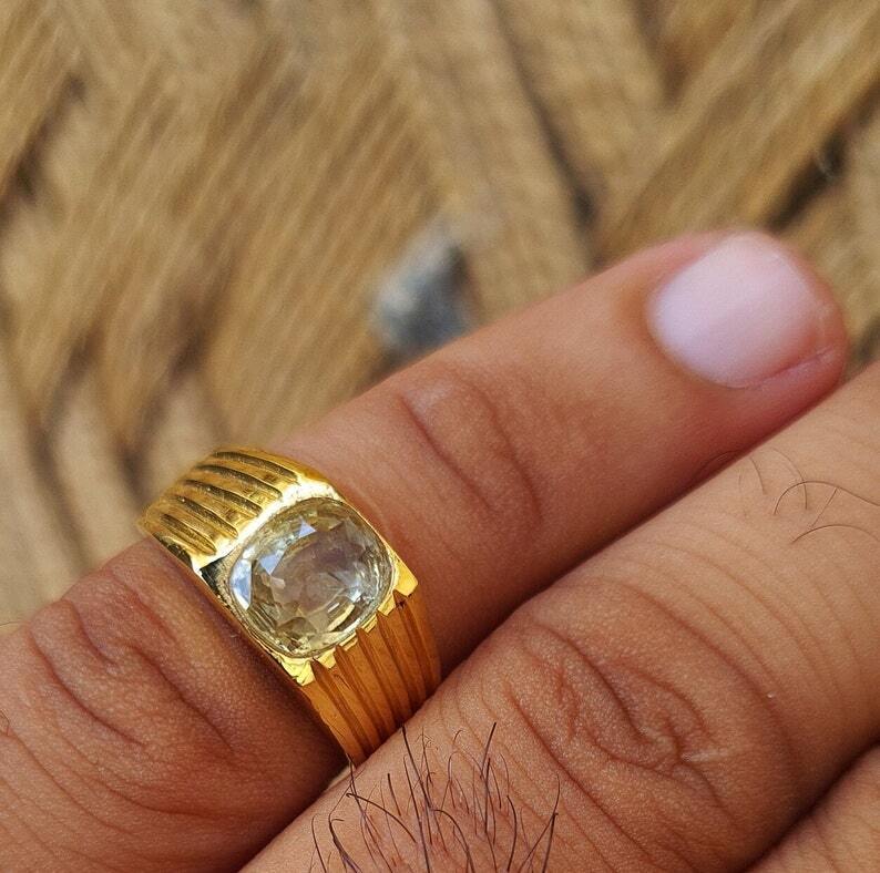 Canary yellow sapphire flawless super clean and clear 18k yellow gold men's ring - Heavenly Gems