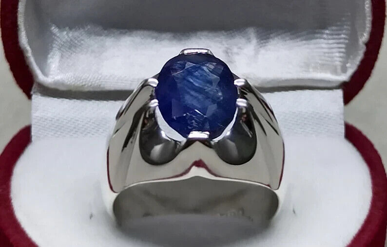 4.6 Carat Sapphire Ring Sterling Silver Handmade Mens Ring Natural Blue Sapphire - Heavenly Gems