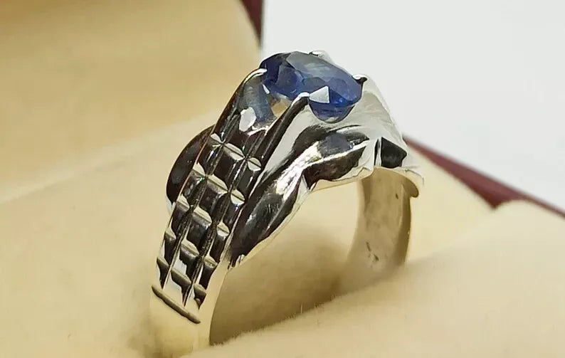 Natural Blue Sapphire Men's Ring - Sterling Silver 925 Men's Jewelry - Heavenly Gems
