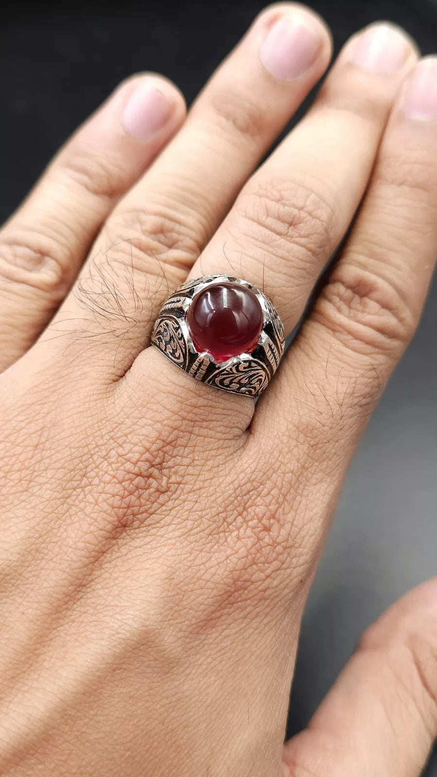 Blood Red Aqeeq Ring - Sterling Silver Natural Men's Agate Ring - Heavenly Gems