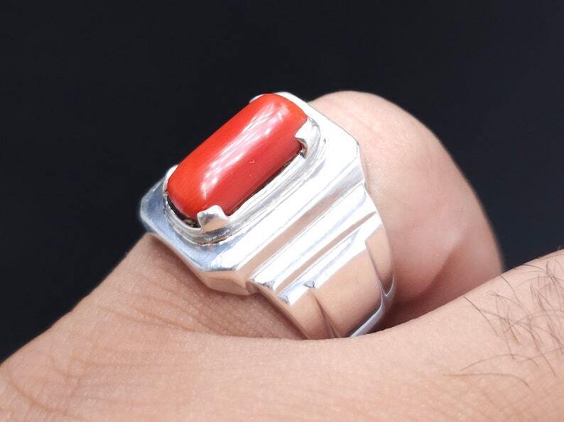 Natural Coral Ring Deep Red Coral Mens Heavy Ring Sterling Silver 925 Marjan - Heavenly Gems
