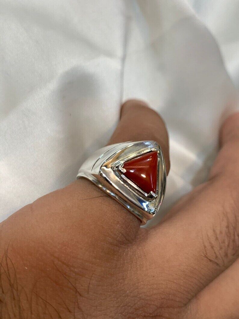 Natural Mens Womens Red Coral Ring Sterling Silver 925 HandCrafted marjan ring - Heavenly Gems
