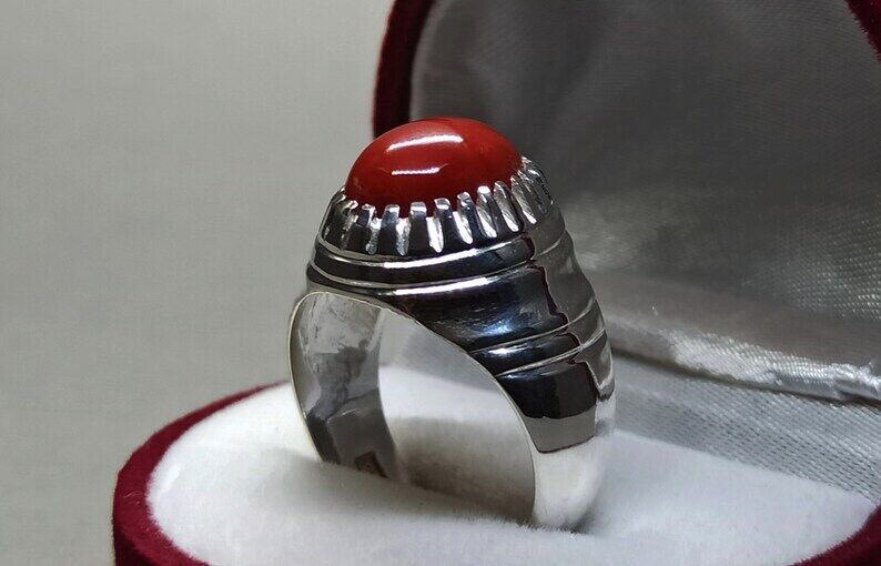 Natural Deep Red Australian Coral Mens Ring Sterling Silver 925 Dark Red ring - Heavenly Gems