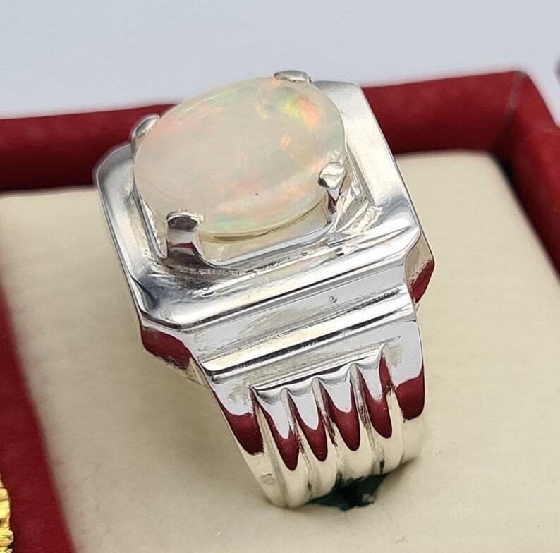 opal ring natural white opal australian handmade jewelry sterling silver ring - Heavenly Gems