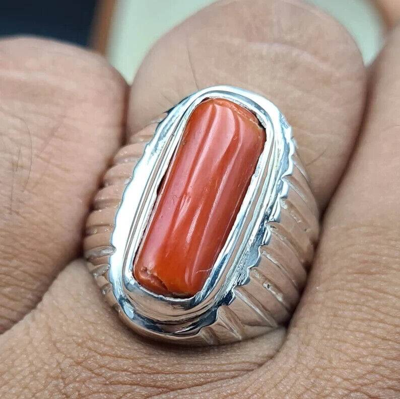 Untreated Real Coral ring Mens Coral Ring Marjan rings Top reddish Orange coral - Heavenly Gems