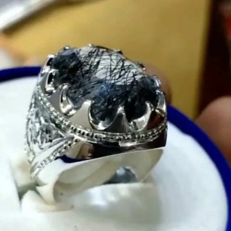 Natural Muh e Najaf Sterling Silver 925 Handmade Mens Ring Rutilated Quartz Ring - Heavenly Gems