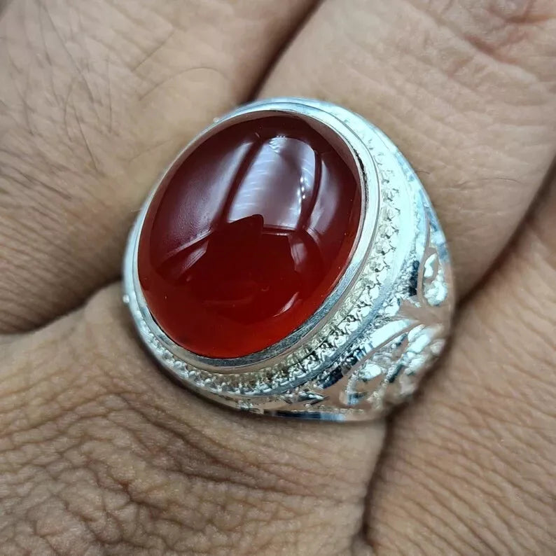 Men's Natural Red Yemeni Agate Stone Ring - Hand-Engraved Artisan Design - Heavenly Gems