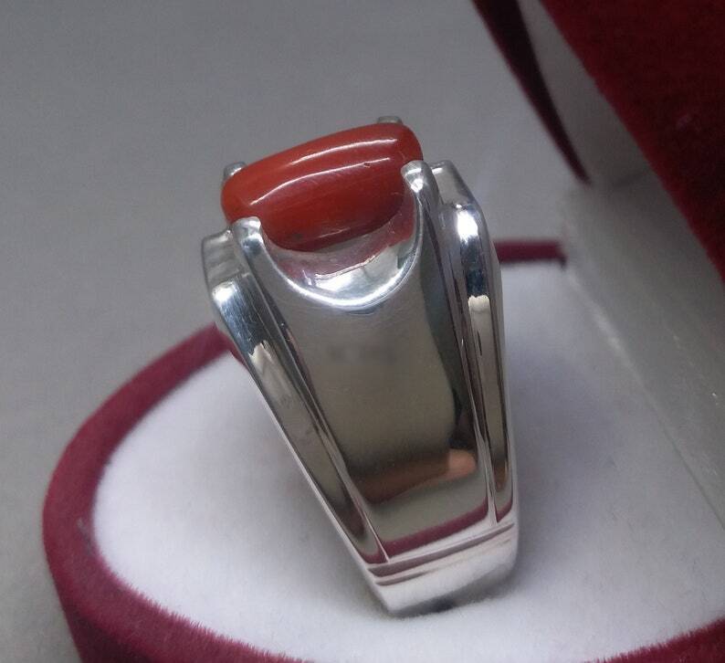 Natural Unheated Untreated Deep Red Coral Mens Ring Sterling Silver 925 Ring - Heavenly Gems