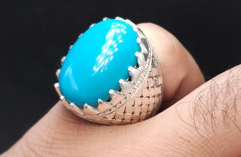 Rare Natural Feroza Turquoise Ring For Men 925 Sterling Silver Ring Shia Ring - Heavenly Gems