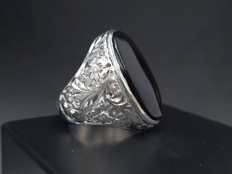Mens Black Aqeeq Ring natural Agate Ring for Men Shifat Al Abad Yemeni Aqeeq Ring - Heavenly Gems