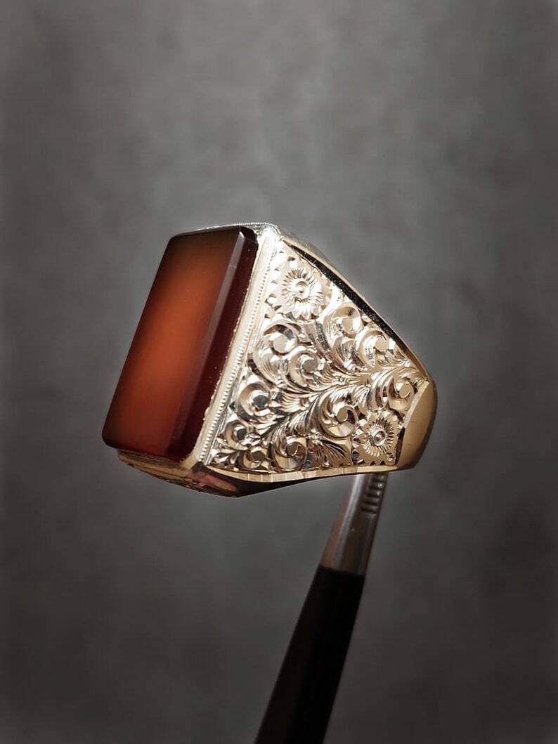 Natural Mens Red Yemen Agate Rectangular Cut Ring Red Carnelian Ring For Men Silver 925 Handmade - Heavenly Gems
