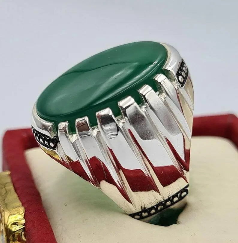 Green yemeni aqeeq ring yamani hakik agate bague christmas gift for him jewelrySterling Silver 925 - Heavenly Gems