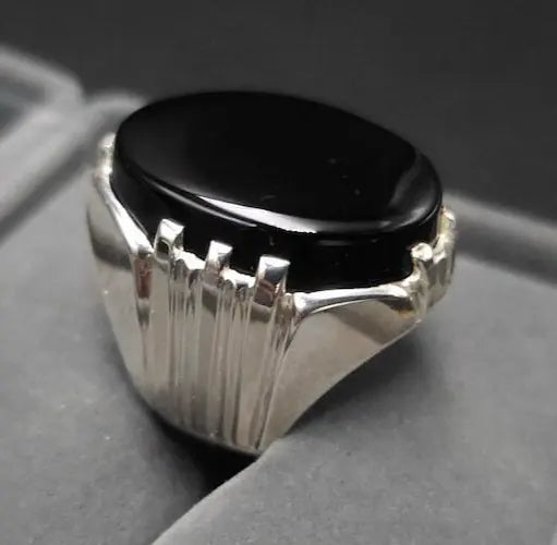 Mens Yemeni Aqeeq Ring Deep Black Yamni Agate Ring For Men Natural Agate Ring 925 Sterling Silver - Heavenly Gems