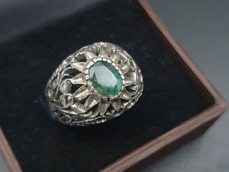 Natural Emerald Ring For Men Women 925 Sterling Silver Handmade Ring Green ring - Heavenly Gems