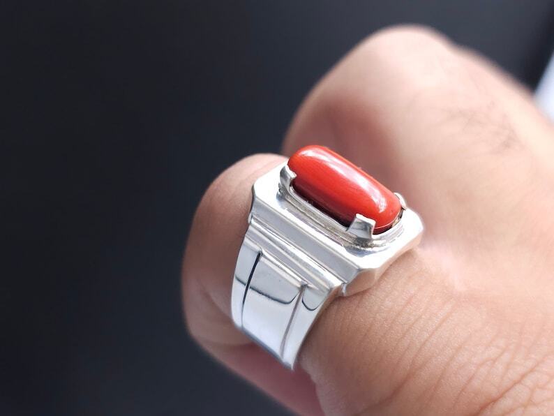 Natural Coral Ring Deep Red Coral Mens Heavy Ring Sterling Silver 925 Marjan - Heavenly Gems