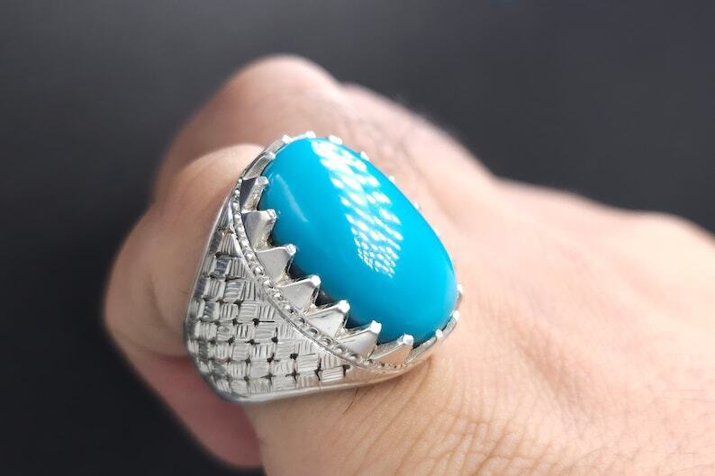 Rare Natural Feroza Turquoise Ring For Men 925 Sterling Silver Ring Shia Ring - Heavenly Gems