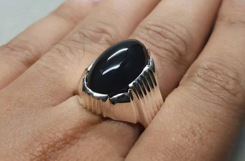 Men's Natural Unheated Untreated Black Onyx Ring - Sterling Silver 925 Agate Gemstone - Heavenly Gems